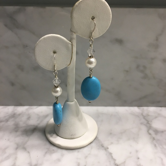 Turquoise, Pearl and Swarovski Crystal Earrings - Picture 2 of 6